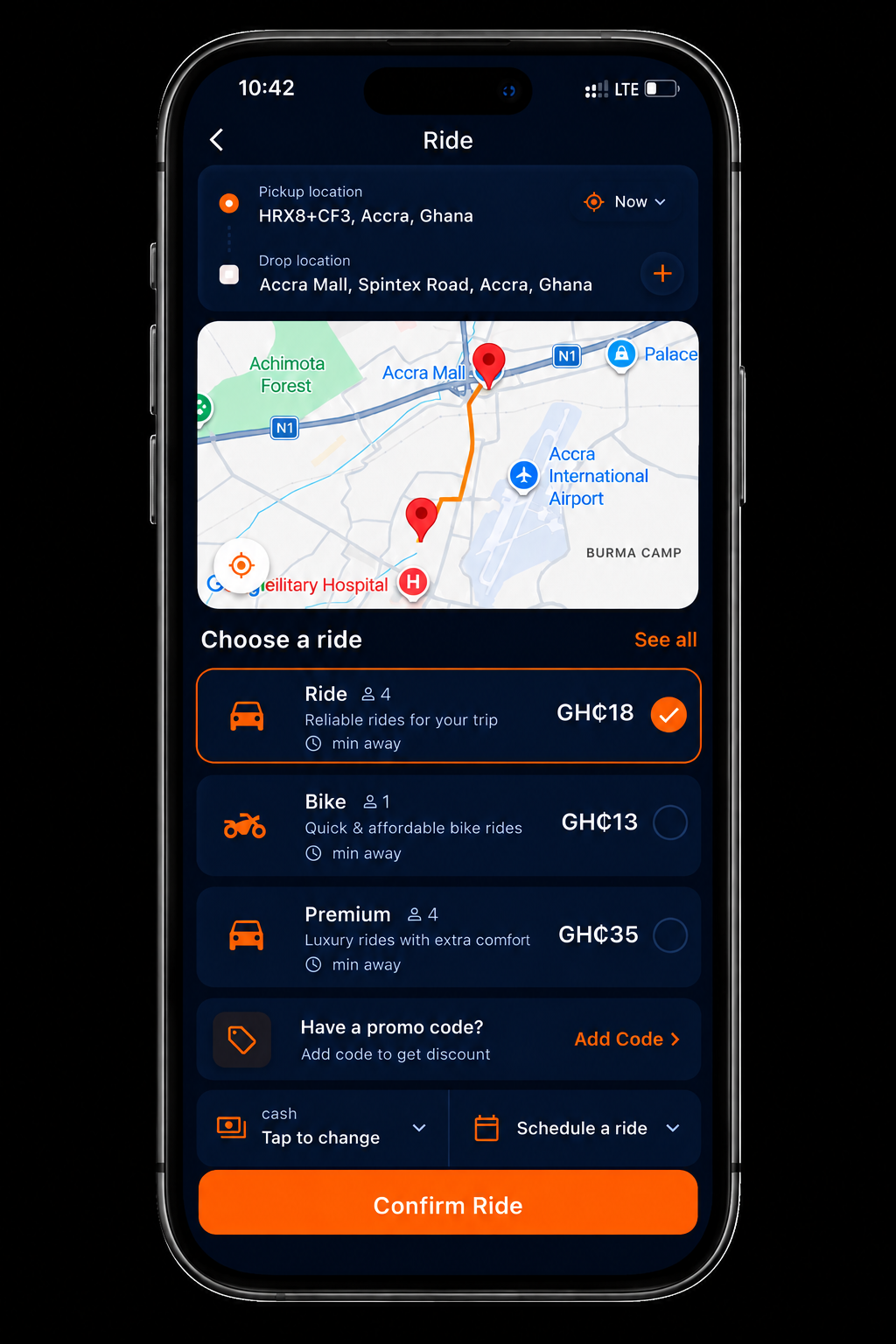 ReadyRide app booking screen