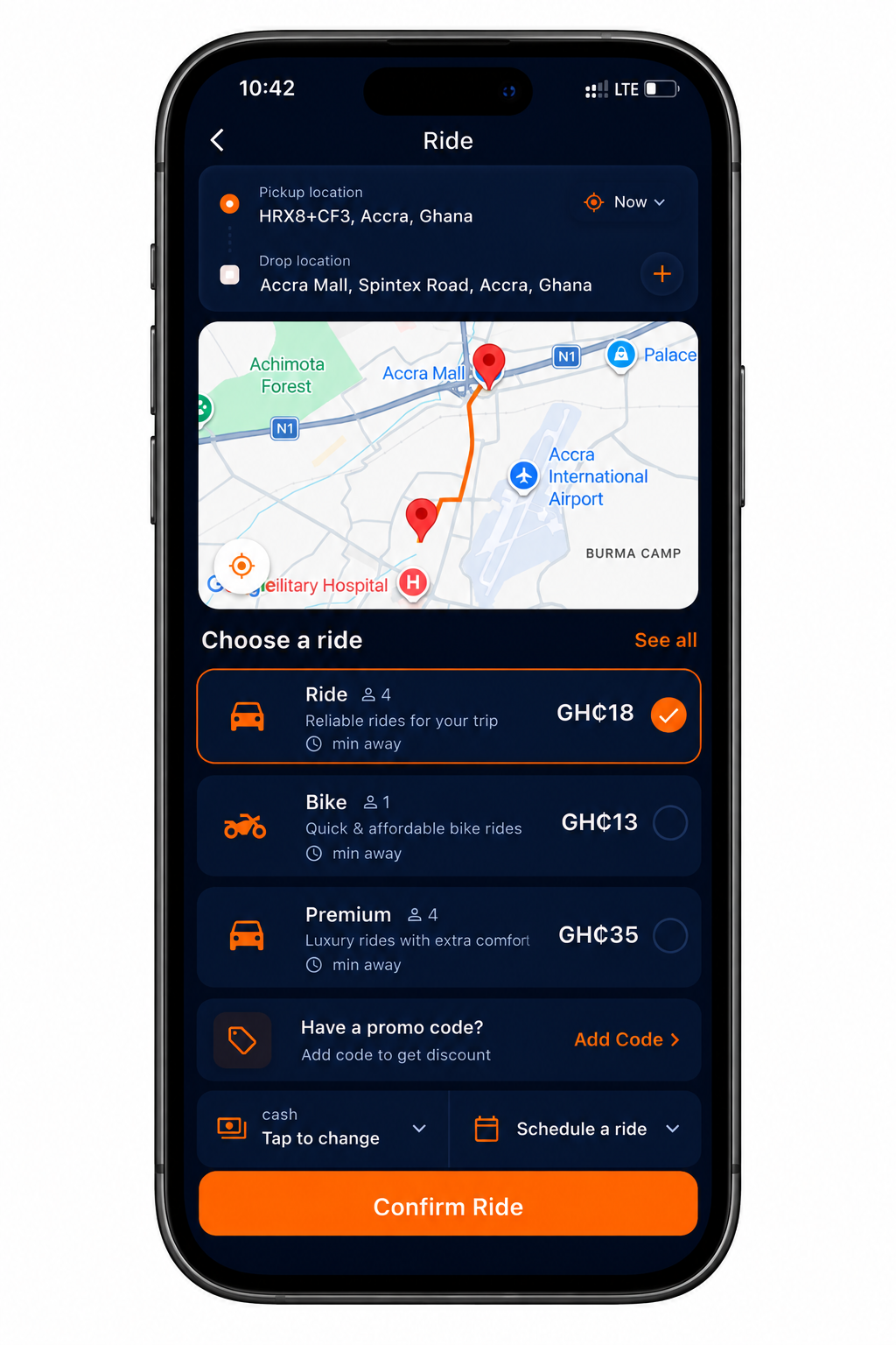 ReadyRide app booking screen
